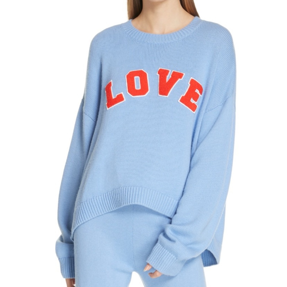 Tory Burch Light Blue Crewneck Sweater with Red LOVE Applique